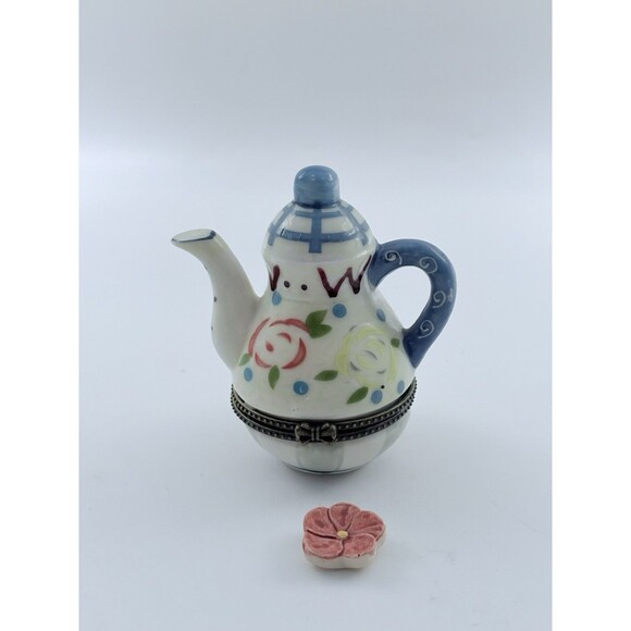 Vintage Miniature Teapot Trinket Box Hinged Lid Set Of 4 Flowers & Fruit - Picture 6 of 11